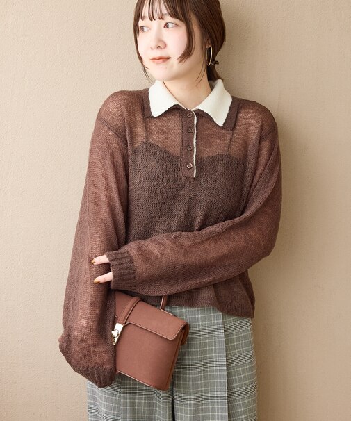 【WEB限定】透かしモヘアレイヤード襟配色ニット
