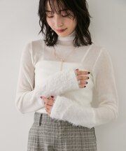 フェザー切替スリーブシアーニットプルオーバー