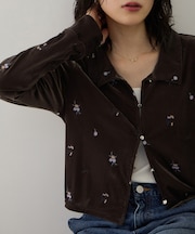 カラー刺繍ベロアカーディガン