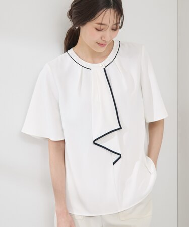 【WEB限定サイズ】配色ボウタイ風ハーフスリーブブラウス/通勤対応