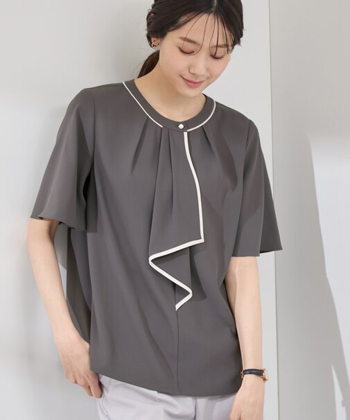 【WEB限定サイズ】配色ボウタイ風ハーフスリーブブラウス/通勤対応
