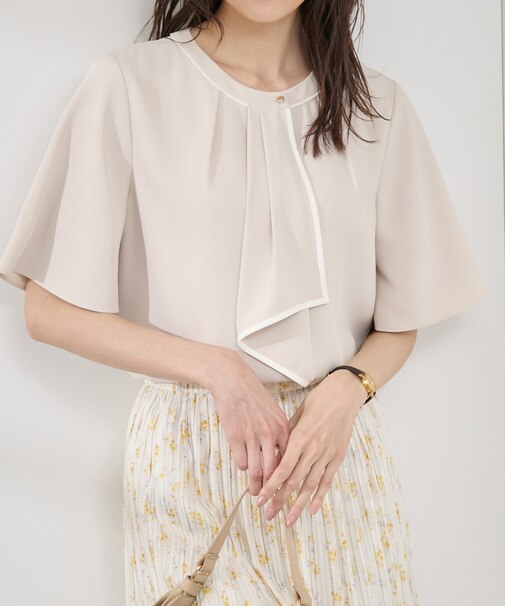 【WEB限定サイズ】配色ボウタイ風ハーフスリーブブラウス/通勤対応
