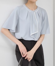【WEB限定サイズ】配色ボウタイ風ハーフスリーブブラウス/通勤対応