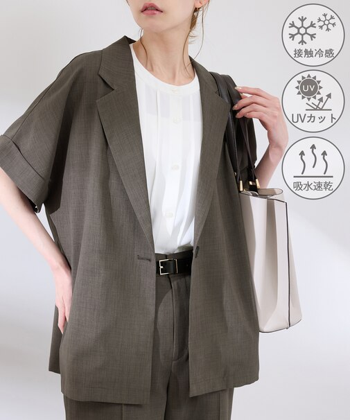 【接触冷感・UVカット・速乾】【リネンライク・シリーズ】シアーハーフスリーブジャケット/セットアップ