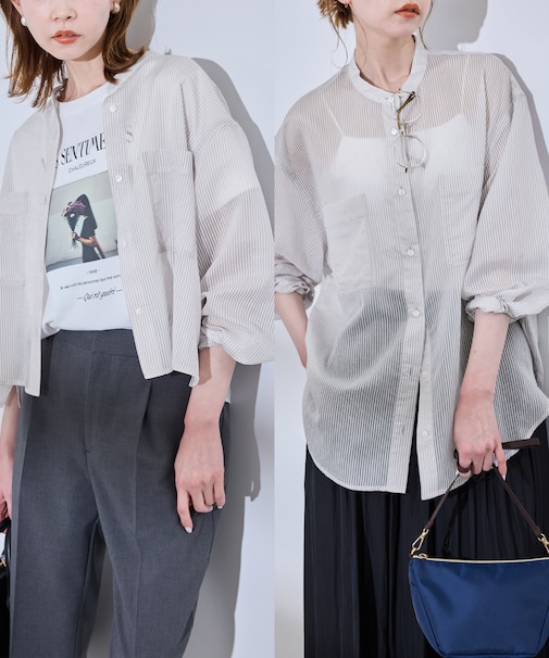 着丈が選べるバンドカラーストライプシアーシャツ