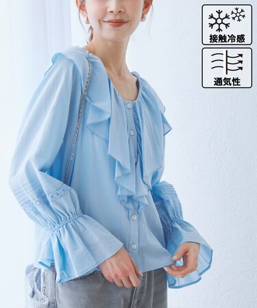 【接触冷感・通気性】お着軽シャツシリーズ/綿ボイルフリルブラウス