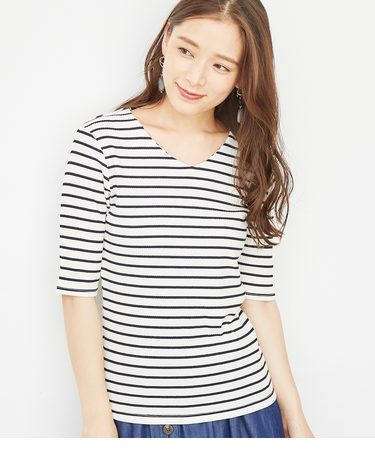 テレコVネック5分袖トップス