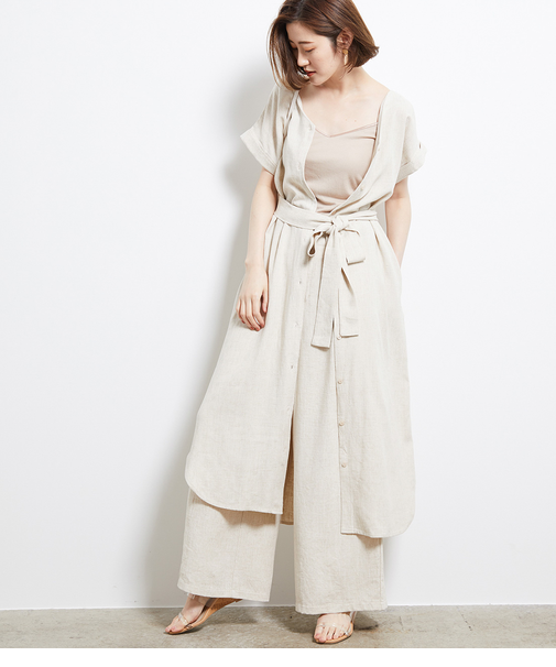 【2WAY】麻レーヨンVネックガウンワンピース