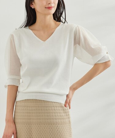 袖シアーニットプルオーバー