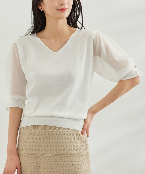 袖シアーニットプルオーバー