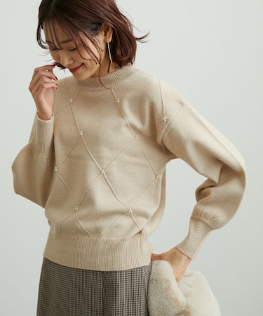 【WEB限定】パール使い格子ニットプルオーバー