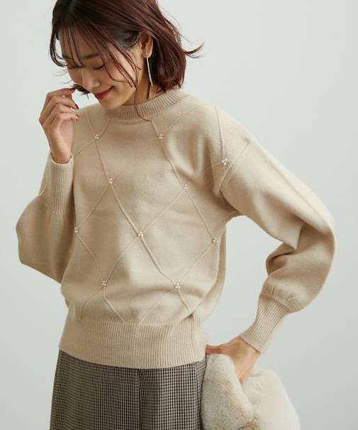 【WEB限定】パール使い格子ニットプルオーバー
