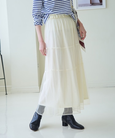 パール付きチュールティアードスカート