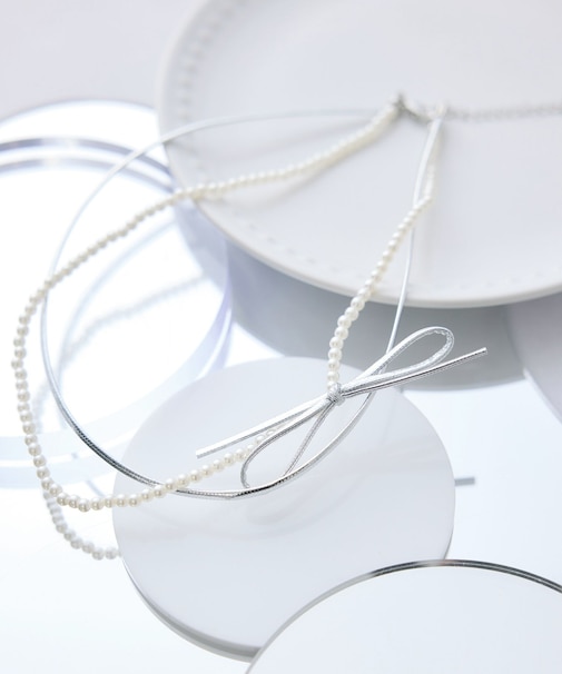 コードリボン×パール2連ショートネックレス