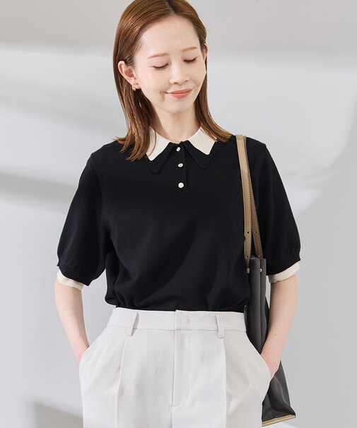 【新色追加】バイカラーレイヤード風ニットポロシャツ