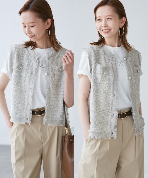 【WEB限定カラー】【サマー・ツイード】着丈が選べるジレベスト/スリーブレスカーディガン