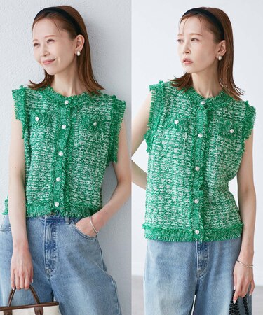 【WEB限定カラー】【サマー・ツイード】着丈が選べるジレベスト/スリーブレスカーディガン