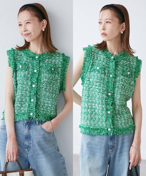 【WEB限定カラー】【サマー・ツイード】着丈が選べるジレベスト/スリーブレスカーディガン