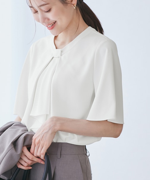 メタルパーツフロントフリルタイブラウス/通勤対応