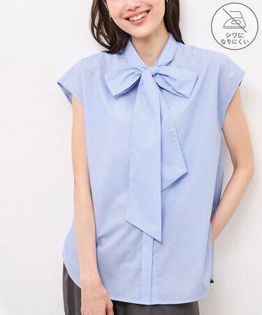 【防シワ】リボンフレンチスリーブシャツ