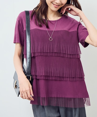 プリーツチュールドッキングTシャツ