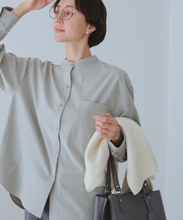 バンドカラーラウンドヘムストライプシャツ/セットアップ対応