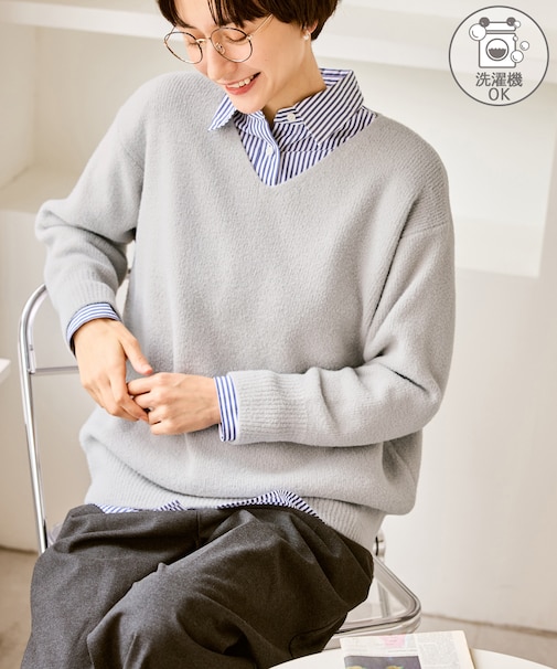 【新色追加】スフレニットシリーズ Vネックニットプルオーバー/イージーケア・リンクコーデ