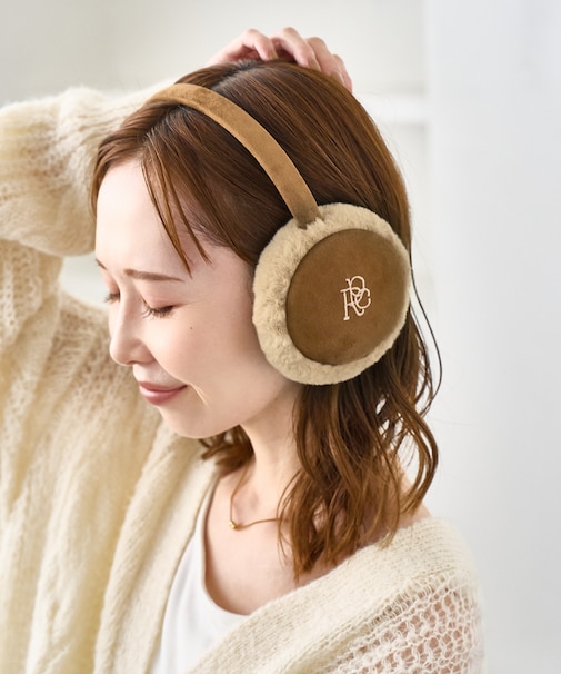 リボン刺繍スウェード×フェイクファーイヤーマフ