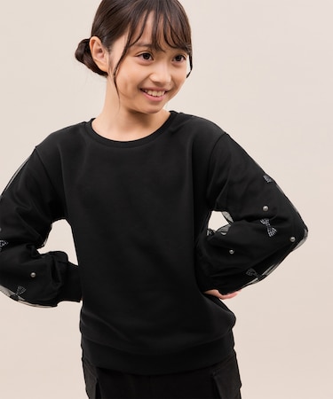 【KIDS/キッズ】ギンガムチェックリボンスリーブ裏毛トップス