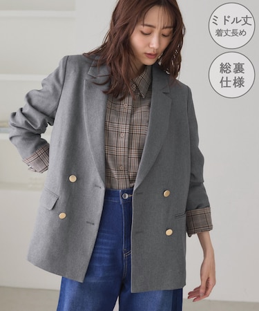 【WEB限定】レディハンサムシリーズ ウールライク金ボタンミドル丈ジャケット(総裏地)