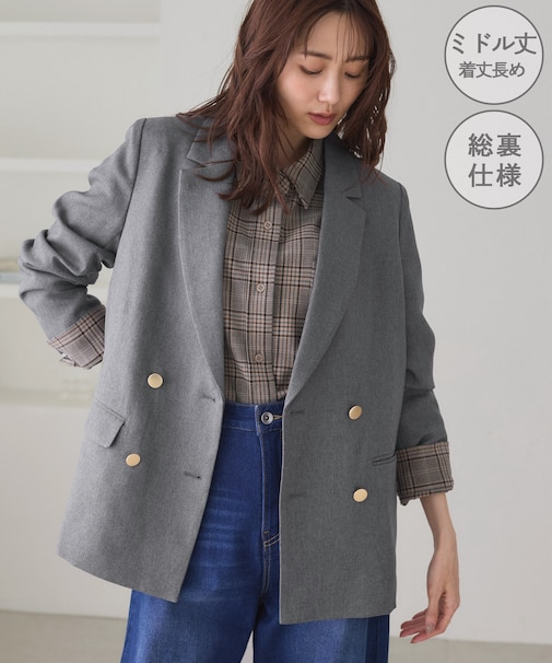 【WEB限定】レディハンサムシリーズ ウールライク金ボタンミドル丈ジャケット(総裏地)