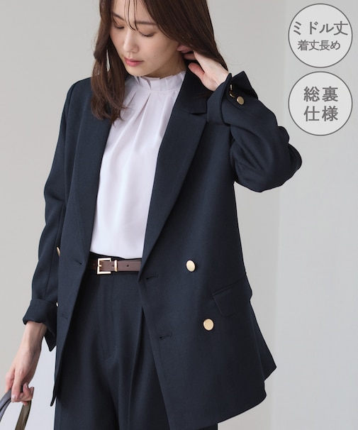 【WEB限定】レディハンサムシリーズ ウールライク金ボタンミドル丈ジャケット(総裏地)