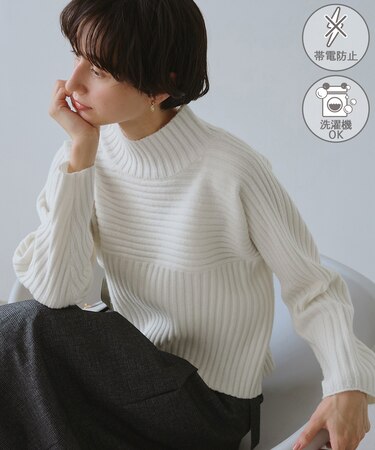 もちもちリブ切り替えニットプルオーバー/イージーケア・リンクコーデ