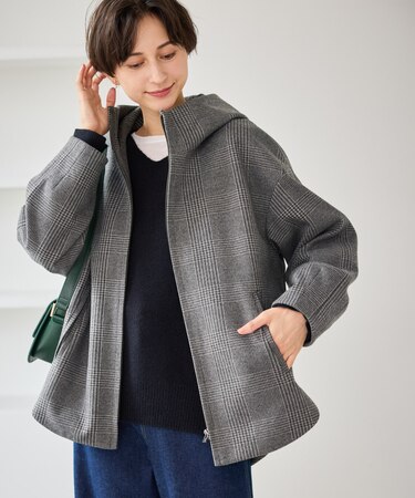 ジャージーメルトンシリーズ ジップアップフーデッドコート/無地・チェック/リンクコーデ