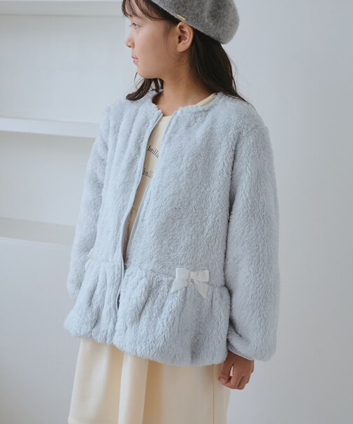 【KIDS/キッズ】ベロアリボンボアペプラムカーディガン