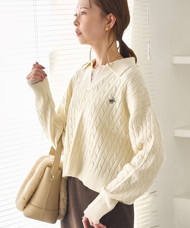 【BEVERLYHILLS POLO CLUB・新色追加】ケーブル編みクロップドスキッパーニット