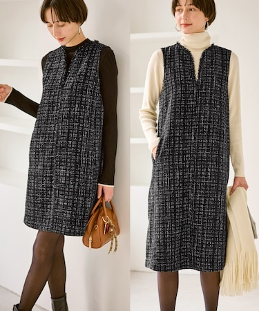 キーネックツイードジャンパースカート ワンピース/着丈が選べる