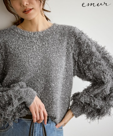 【emur/エミュール】ラメジャガードフリンジスリーブプルオーバー