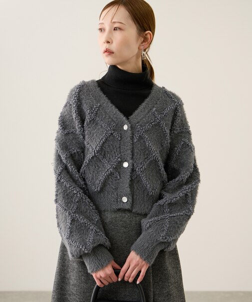 ダイヤチェック柄ループフェザーカーディガン