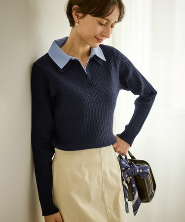 ダブルカラーミニケーブルニット