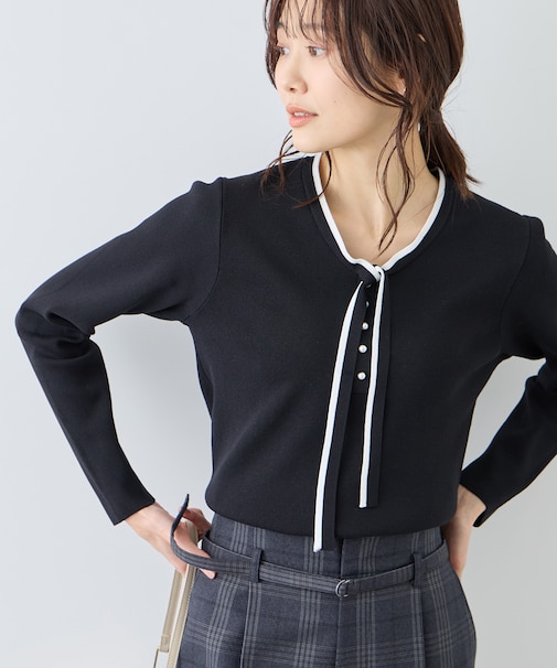 配色リボンパールニット