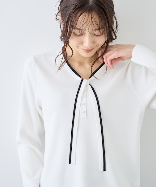 配色リボンパールニット