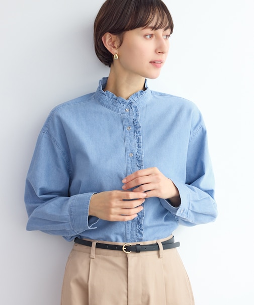 シャンブレーフリルシャツ/イージーケア