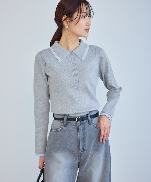 レイヤード風ヘンリーネックリブニット
