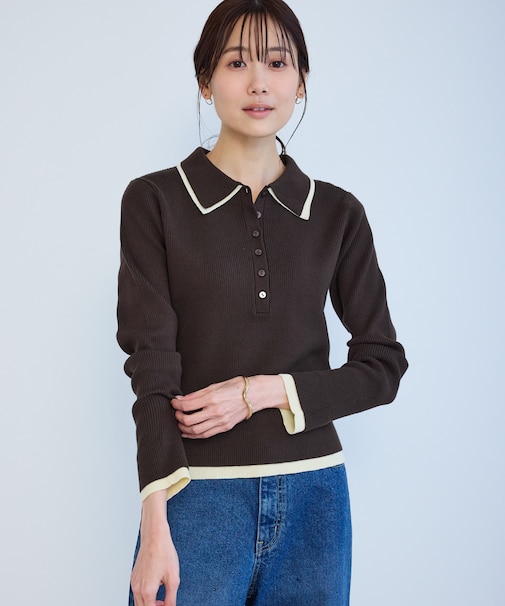 レイヤード風ヘンリーネックリブニット