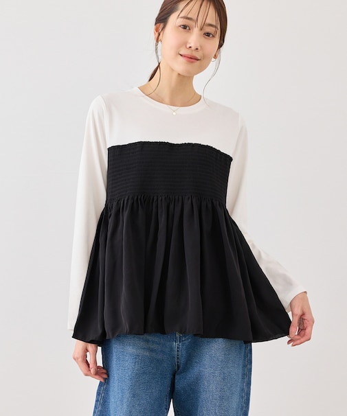 シャーリングビスチェ風ドッキングロングスリーブカットソー/リンクコーデ