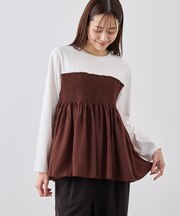 シャーリングビスチェ風ドッキングロングスリーブカットソー/リンクコーデ