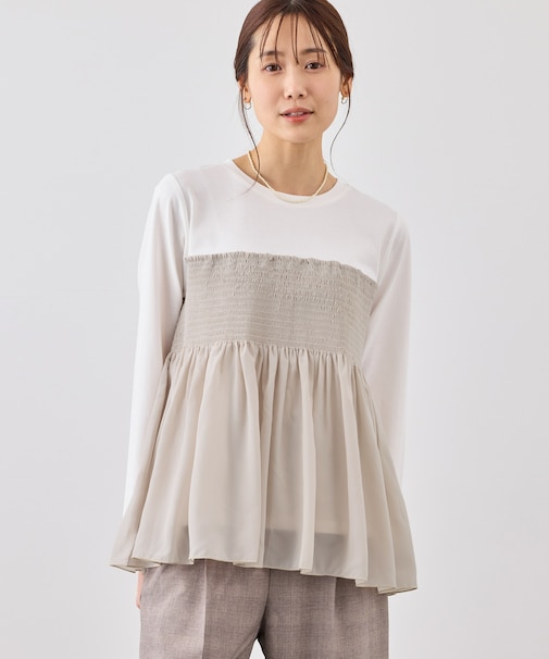 シャーリングビスチェ風ドッキングロングスリーブカットソー/リンクコーデ