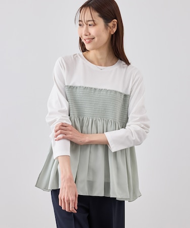 シャーリングビスチェ風ドッキングロングスリーブカットソー/リンクコーデ