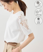 八方映えニット 袖レースニットプルオーバー/UVカット・接触冷感・イージーケア
